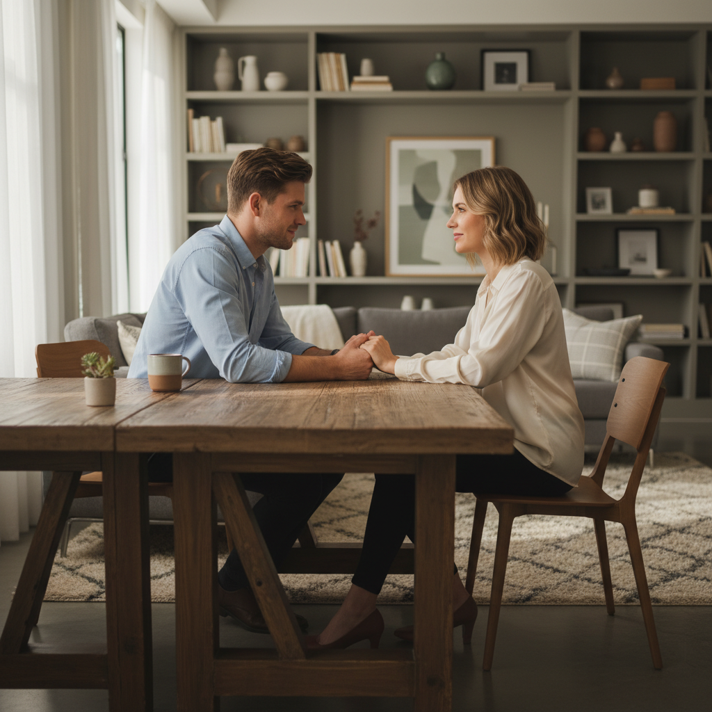 A photorealistic image of a young couple sitting together at a wooden table in a cozy living room, discussing their future with a sense of trust and partnership. They are holding hands, looking at each other affectionately, with soft natural light coming through a window. No children or legal documents are visible in the scene.