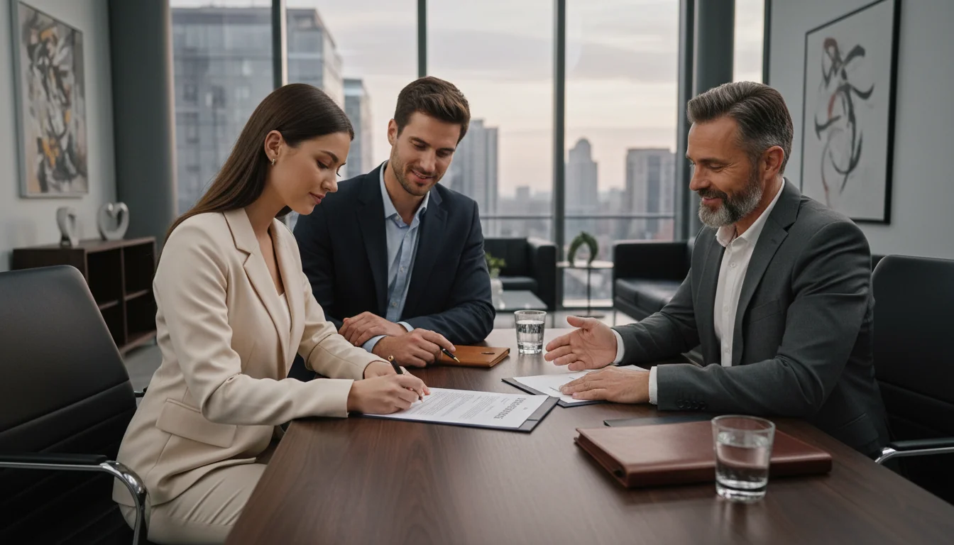 Couple signing prenup with lawyer