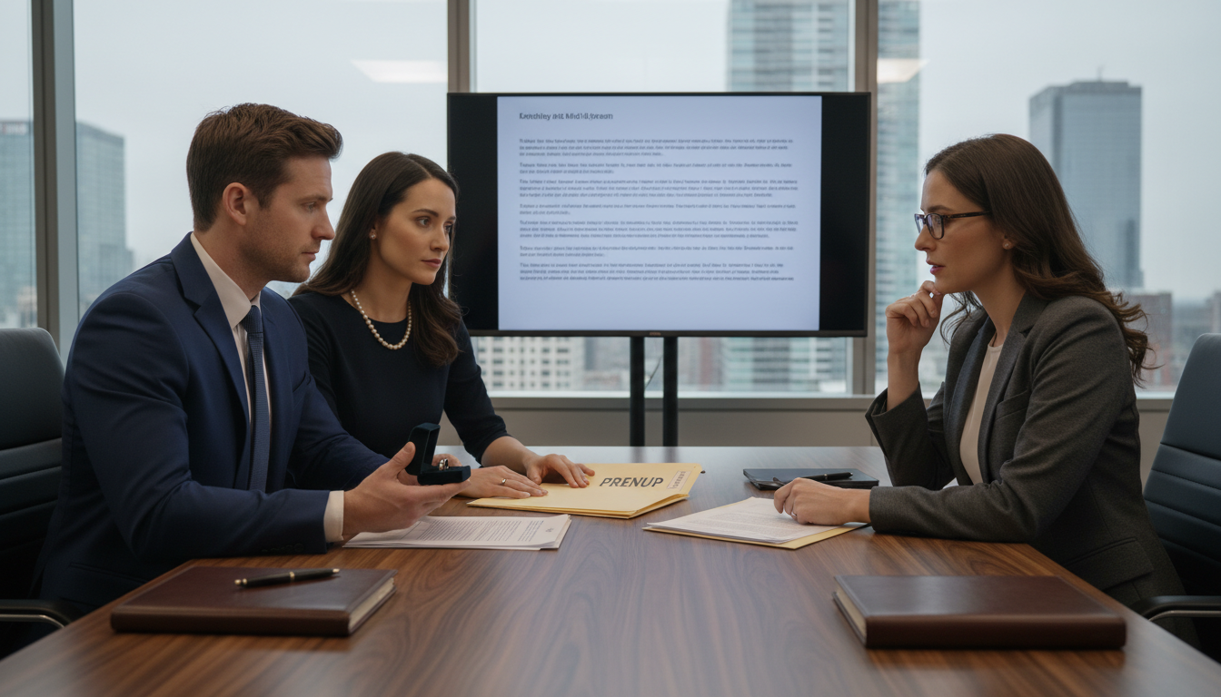 Engaged couple consulting attorney