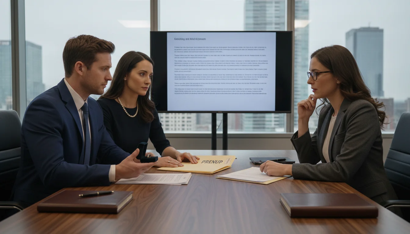 Engaged couple consulting attorney