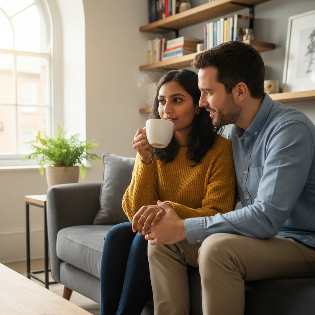 A photorealistic image of a young UK couple in their 30s, sitting together on a cozy sofa in a modern living room, engaged in a serious yet affectionate discussion about their future. The woman holds a cup of tea, and the man gestures gently with his hand, symbolizing trust and planning in marriage, with subtle wedding rings visible on their fingers. Soft natural light filters through a window, evoking a sense of intimacy and partnership without any legal documents or children present.
