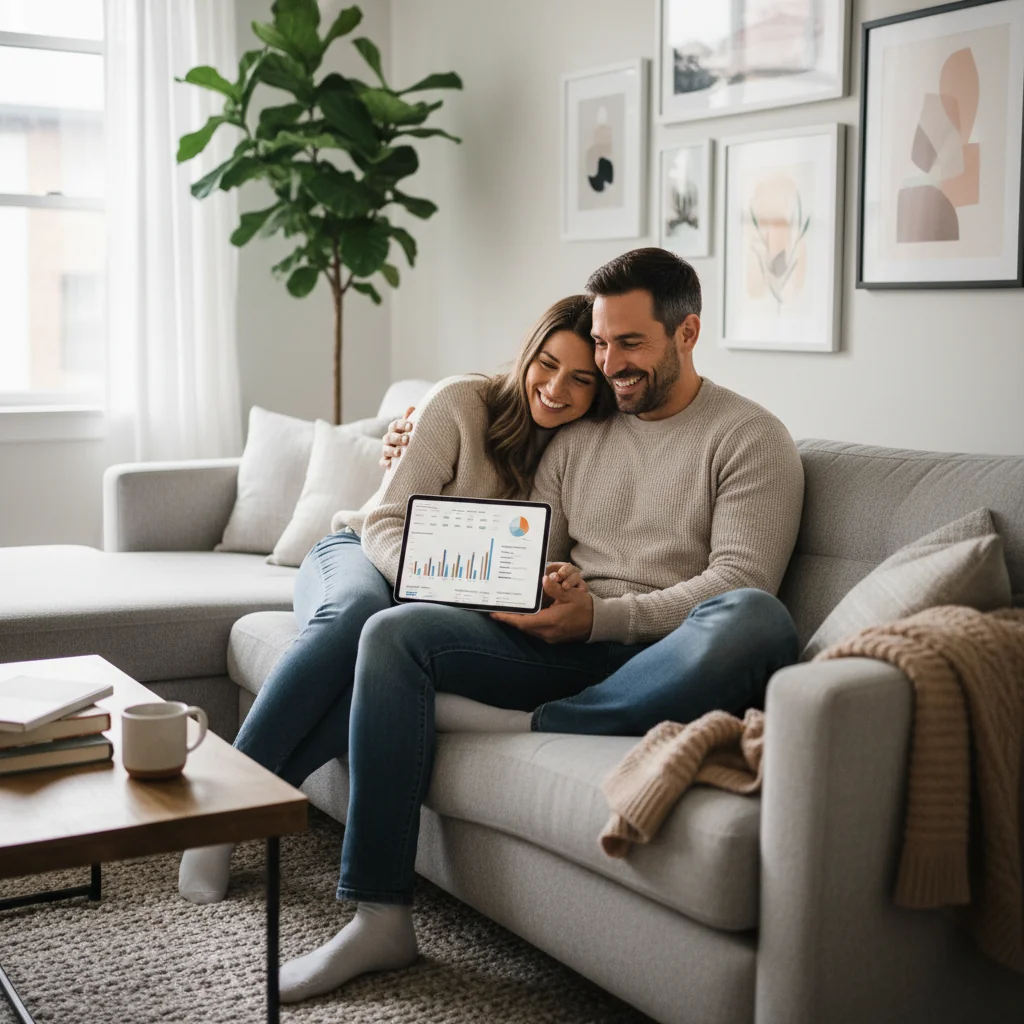 A photorealistic image of a happy young couple in their 30s, sitting together on a couch in a modern living room, reviewing financial documents on a tablet, symbolizing trust and planning in marriage without focusing on legal papers.