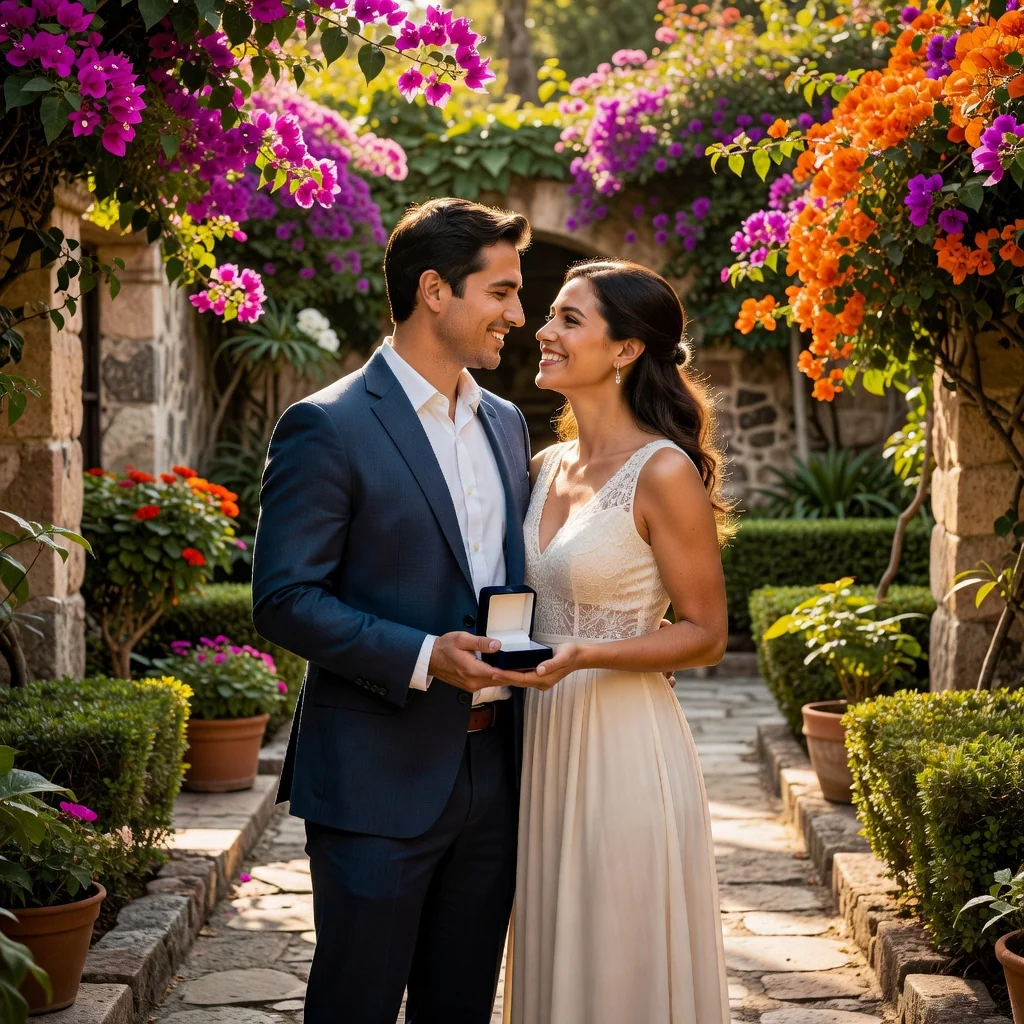 A photorealistic image of a happy young couple in their early 30s, dressed in elegant semi-formal attire, standing together in a modern Mexican garden with subtle cultural elements like colorful flowers and terracotta pots in the background. They are smiling warmly at each other, symbolizing commitment and future planning, with one hand gently holding a symbolic ring or simple jewelry box, evoking the idea of prenuptial agreements without showing any legal documents. No children are present in the image.