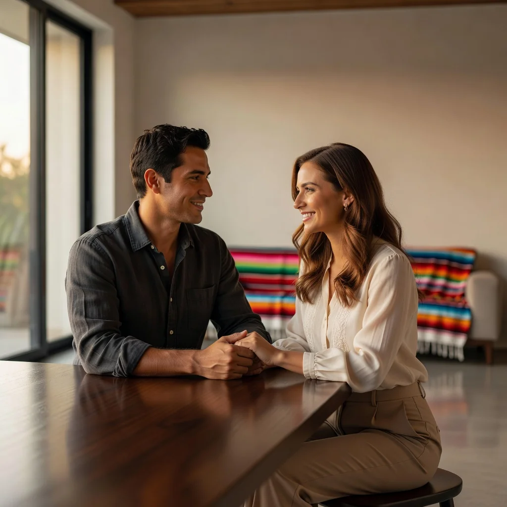 A photorealistic image of a young couple in their 30s, dressed in elegant casual attire, sitting closely together at a wooden table in a modern Mexican home. They are holding hands and smiling warmly at each other, symbolizing love, commitment, and mutual trust before marriage. Soft natural light filters through large windows, with subtle Mexican cultural elements like a colorful serape in the background. No children, no legal documents, no text. The focus is on their emotional connection and shared future.