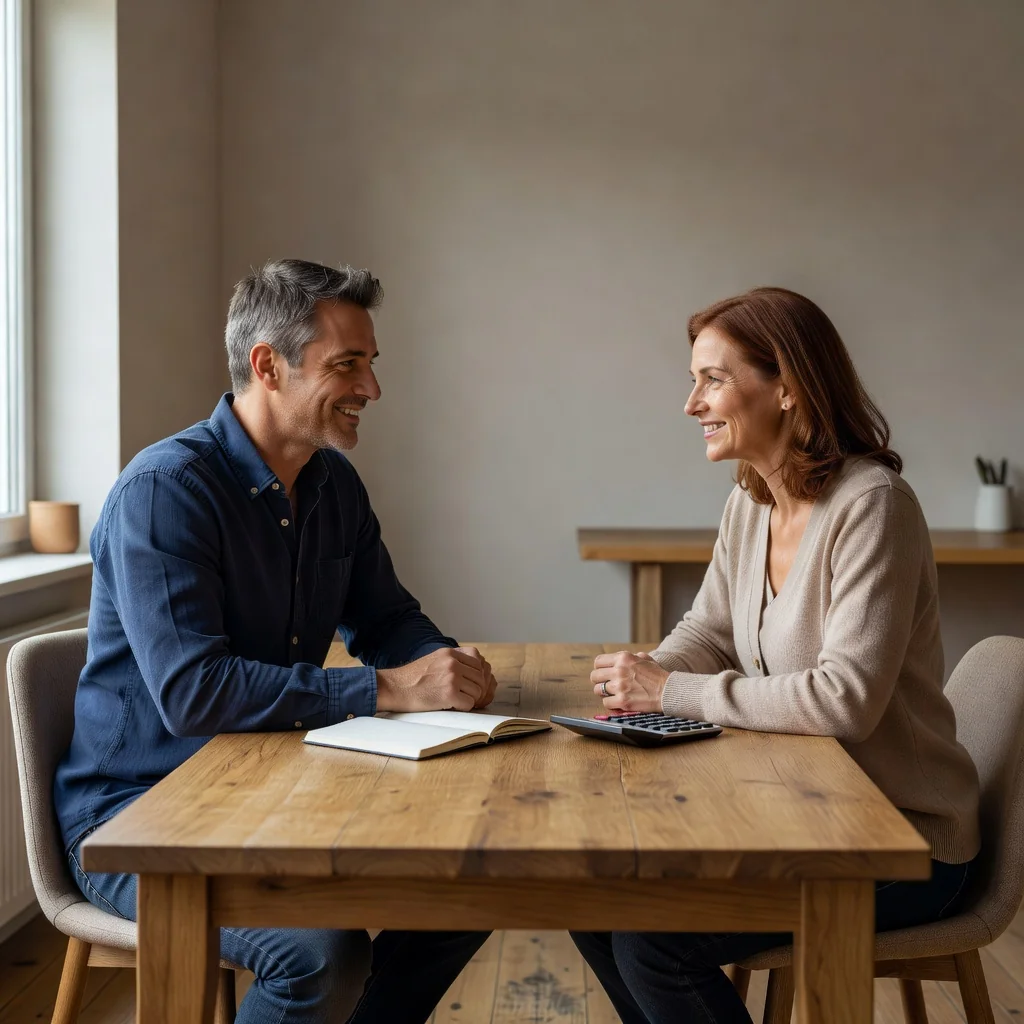 A photorealistic image of a middle-aged couple sitting calmly at a wooden kitchen table in a modern home, discussing financial matters with a sense of mutual respect and agreement, symbolizing the amicable separation of assets in a marriage. They are looking at each other positively, with subtle elements like a notebook or calculator on the table, but no legal documents visible. The atmosphere is peaceful and mature, with warm natural light filtering through a window. No children are present in the scene.