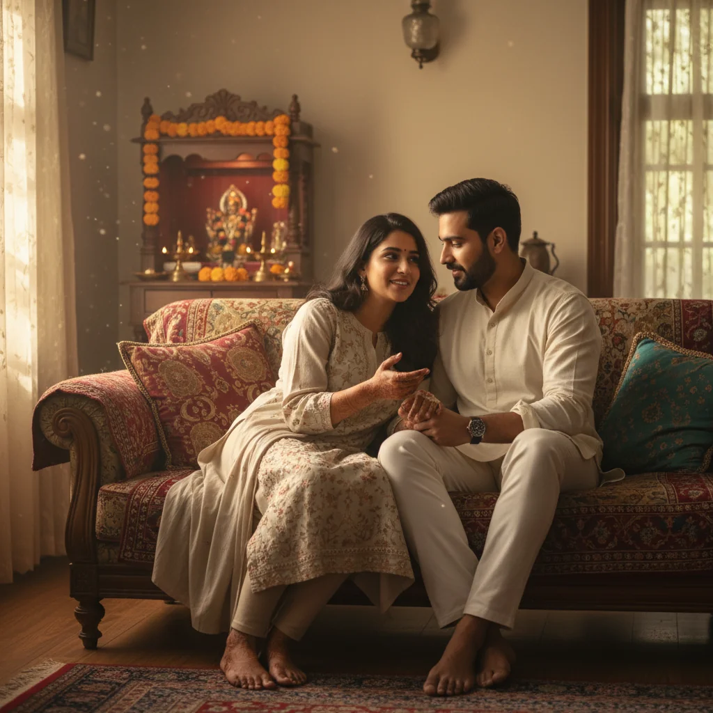 A photorealistic image depicting a young Indian couple in their mid-20s sitting together on a traditional Indian sofa in a modern living room, engaged in a serious yet affectionate conversation about their future marriage. The woman is wearing a simple salwar kameez, and the man is in casual attire. They are holding hands, with subtle elements like a wedding invitation on the table nearby, symbolizing pre-marital agreements without focusing on legal documents. The atmosphere is warm and thoughtful, emphasizing trust and planning in relationships. No children are present in the image.