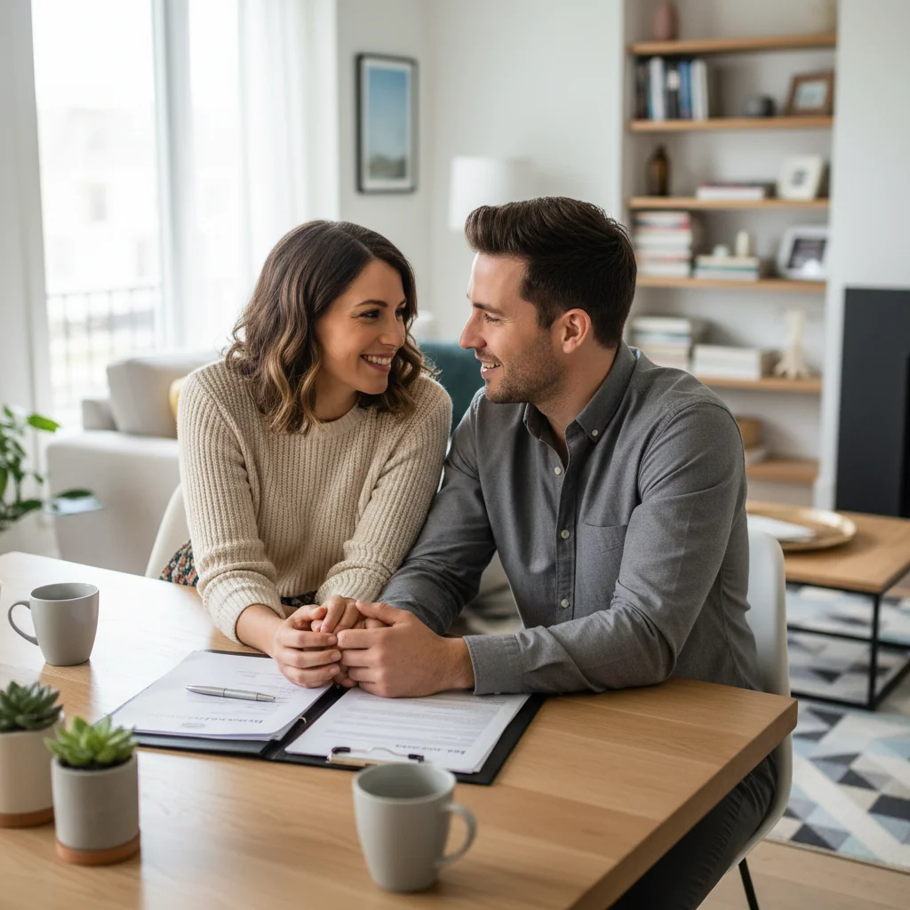 A photorealistic image of a happy adult couple in their 20s or 30s, sitting together at a cozy table in a modern home, discussing their future with warm smiles and engaged expressions, symbolizing trust and planning in a marital agreement, soft natural lighting, no children present.
