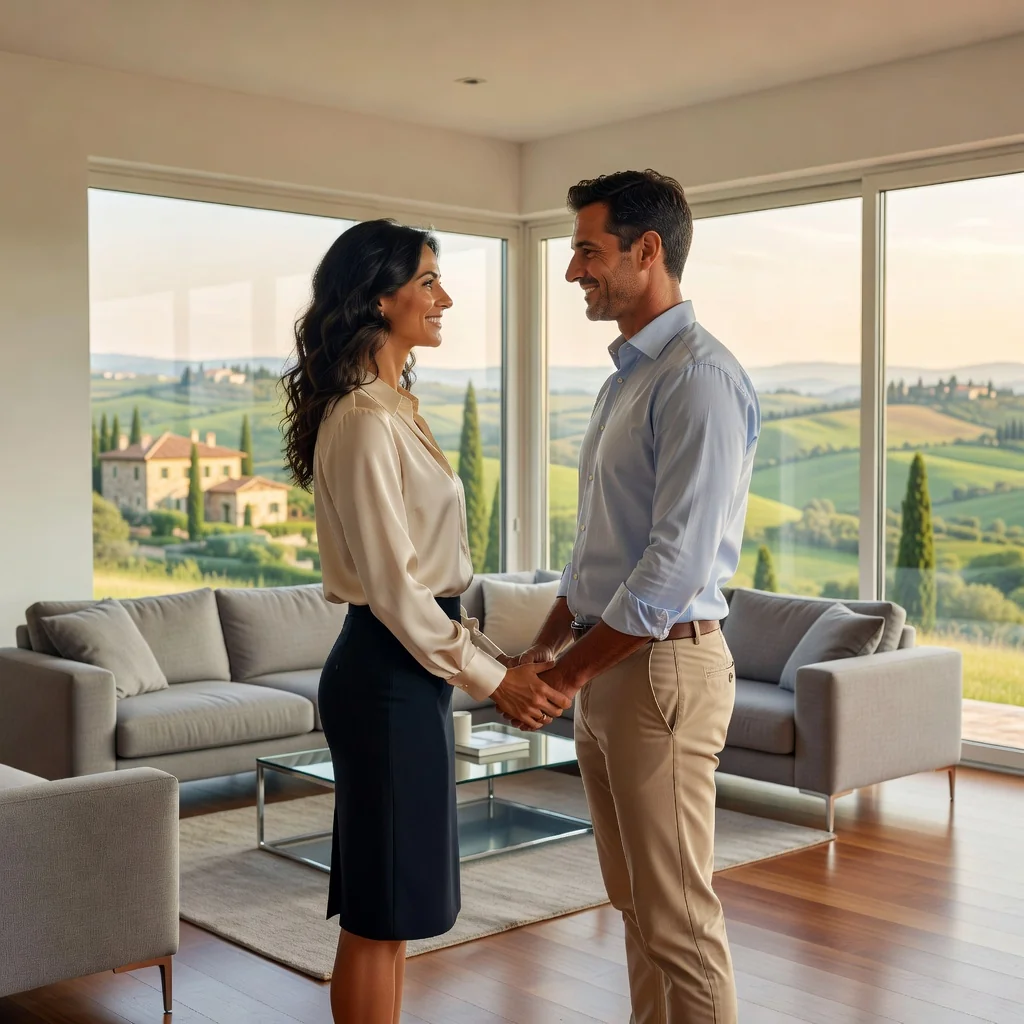 A photorealistic image depicting a mature Italian couple in their 30s or 40s, standing together in a modern living room with elegant furniture and large windows overlooking a scenic Italian landscape. They are facing each other, holding hands gently, with expressions of mutual respect and calm agreement, symbolizing a balanced separation of assets in marriage. The woman has long dark hair and wears a simple blouse and skirt, the man has short hair and wears a button-up shirt and trousers. No children or legal documents are visible. The atmosphere is serene and positive, emphasizing partnership and financial independence.