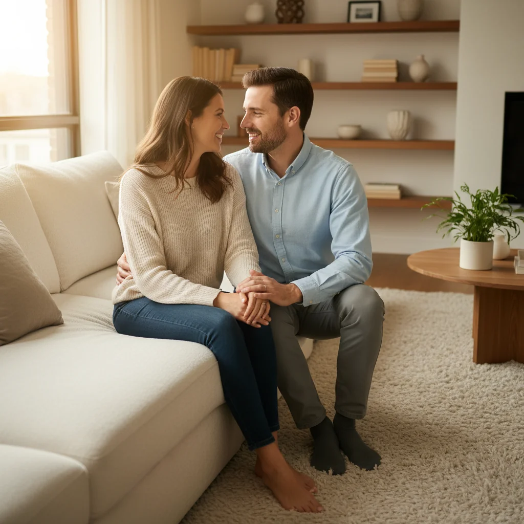 A photorealistic image of a joyful young couple in their early thirties, sitting closely together on a cozy couch in a modern living room, holding hands and looking lovingly at each other, symbolizing the commitment and partnership of marriage. The atmosphere is warm and intimate, with soft lighting and no legal documents or children visible.