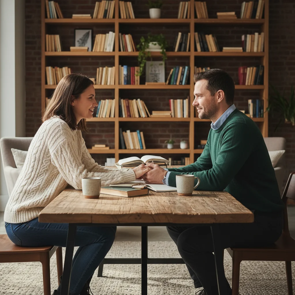 A photorealistic image of a happy couple in their 30s, sitting closely together at a wooden table in a cozy home office, holding hands and looking into each other's eyes with trust and affection, symbolizing partnership and commitment in marriage, soft natural light from a window, no children or legal documents visible.