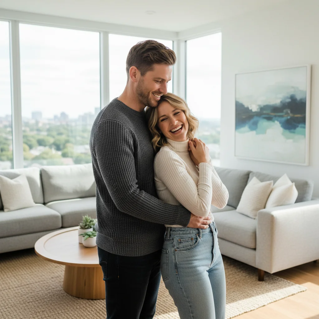 A photorealistic image of a happy young couple in their mid-30s, dressed in elegant semi-formal attire, standing close together in a modern, sunlit living room with large windows overlooking a garden. They are smiling at each other, symbolizing commitment and shared future benefits, with subtle elements like a wedding ring visible but no legal documents or children present.
