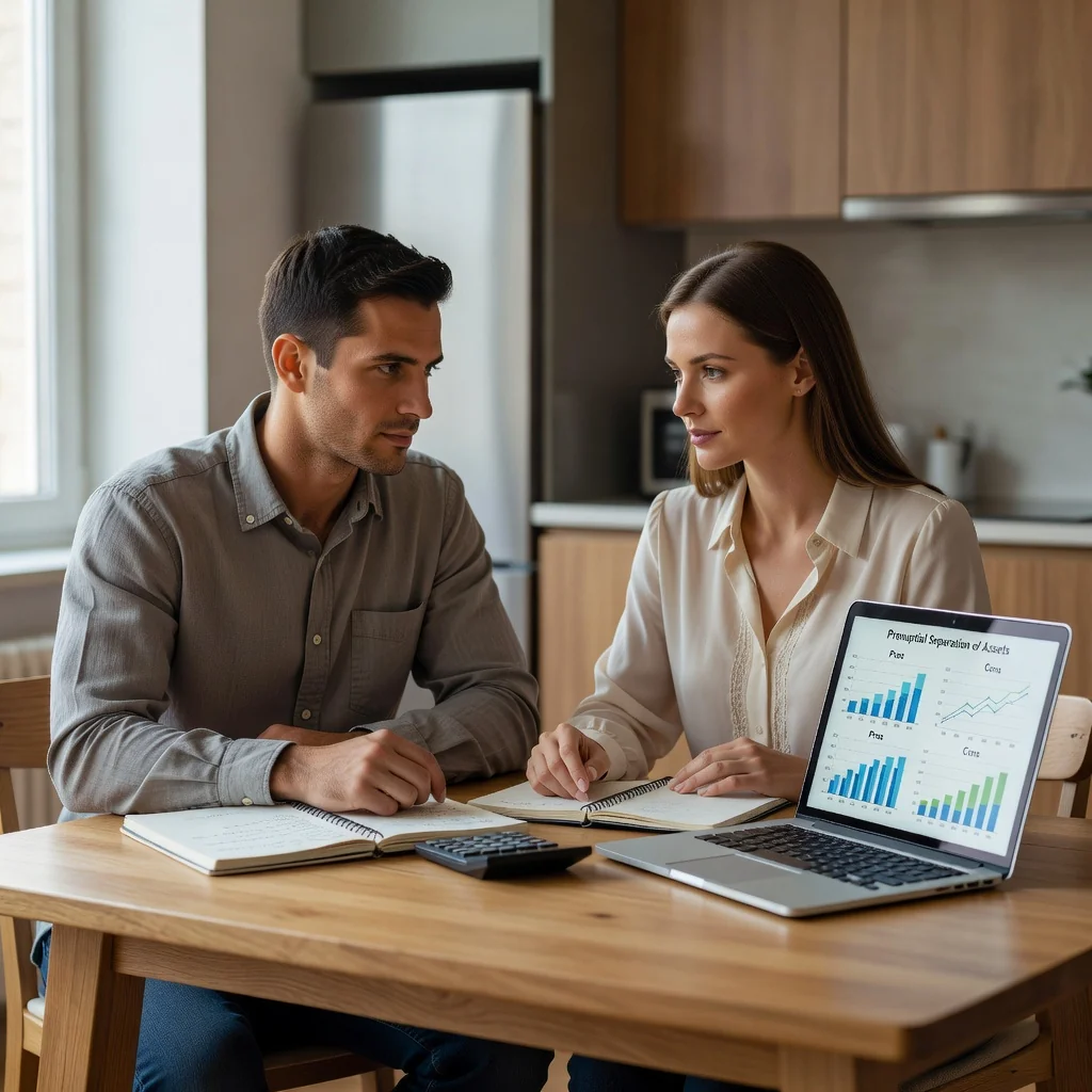 A photorealistic image of a young married couple in their mid-30s sitting at a kitchen table, calmly discussing finances with financial papers and a laptop in front of them, symbolizing the balanced approach of a prenuptial separation of assets agreement. The couple looks thoughtful and cooperative, with warm lighting in a modern home setting. No children are present in the image.