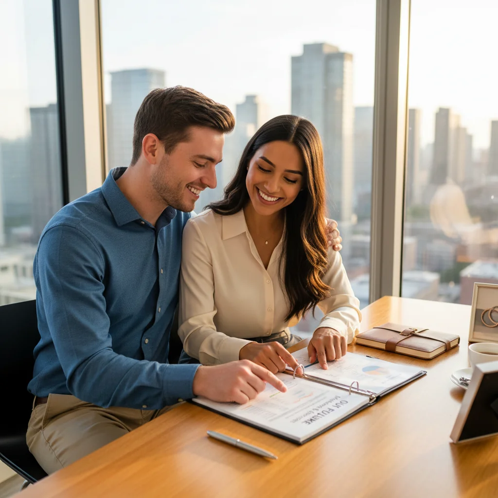 A photorealistic image of a happy young couple in their 20s or 30s, dressed in semi-formal attire, sitting together at a table in a modern, sunlit office of a lawyer or financial advisor, reviewing a document together with calm and positive expressions, symbolizing trust and preparation for marriage without any children present.