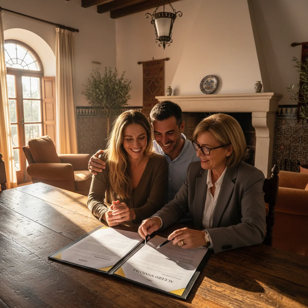 A photorealistic image of a happy young couple in their mid-30s, sitting together at a wooden table in a cozy Spanish home, reviewing a marriage agreement with a lawyer, symbolizing the purpose of prenuptial agreements in Spain. The atmosphere is warm and collaborative, with soft natural light from a window. No children are present.