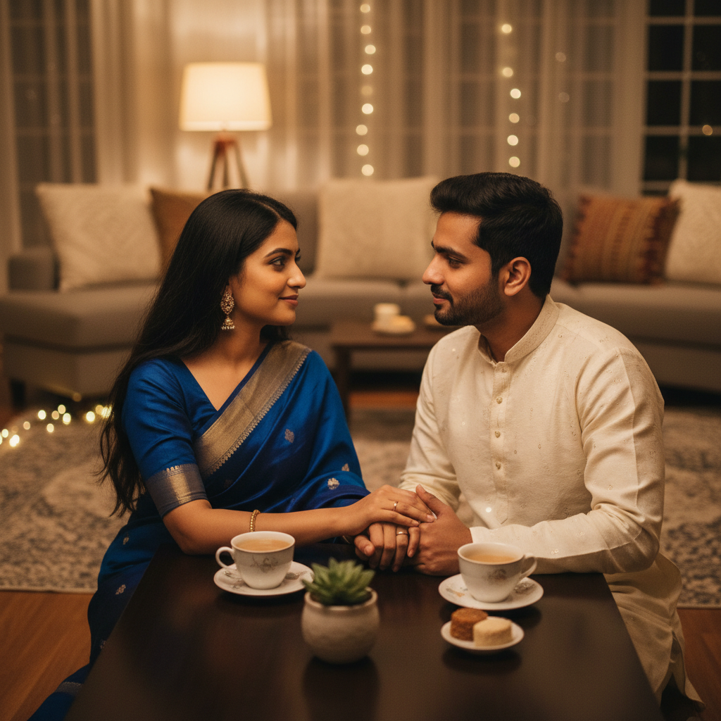 A photorealistic image of a young Indian couple in their 20s or 30s, sitting together at a table in a modern home, looking at each other with trust and affection, symbolizing the commitment and understanding in a premarital agreement, with subtle wedding rings on their fingers but no legal documents visible.