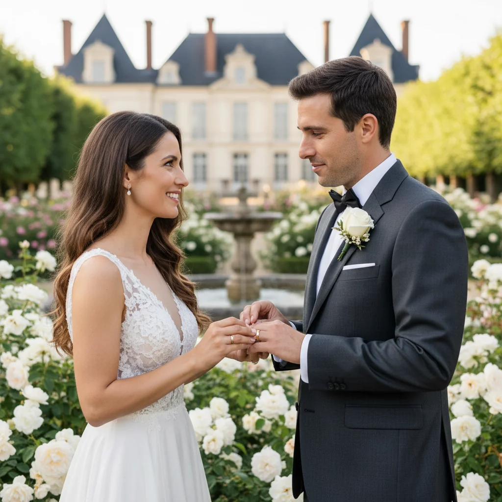 A photorealistic image of a joyful adult couple exchanging wedding rings in a romantic French garden setting, symbolizing marriage and commitment, with elegant attire and a backdrop of blooming flowers and a historic chateau in the distance, evoking the essence of a marriage contract in France without showing any legal documents or children.