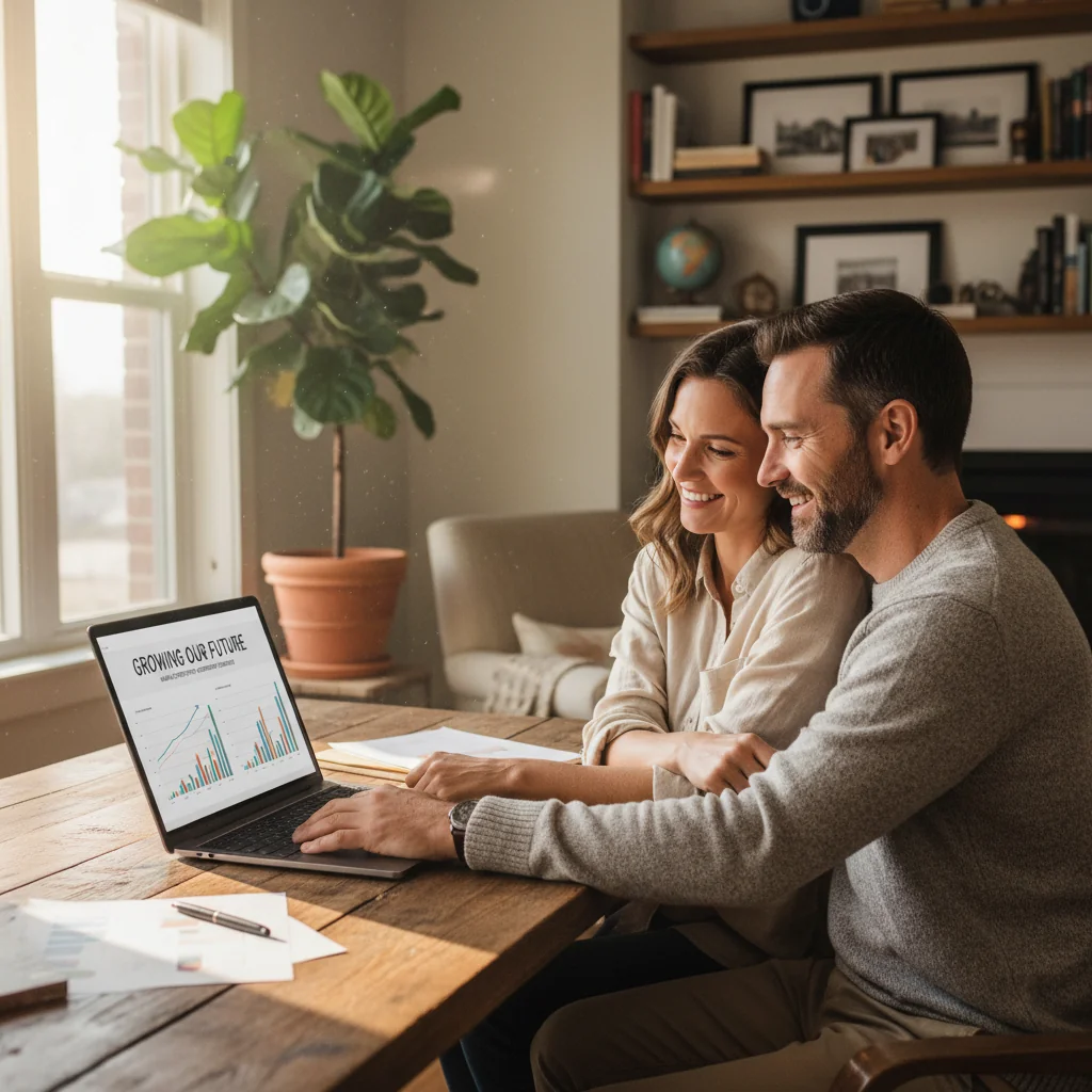 A photorealistic image of a happy adult couple in their 30s, sitting together at a wooden table in a cozy home office, smiling while reviewing financial documents on a laptop, symbolizing the benefits of prenuptial agreements for their future security, no children present.