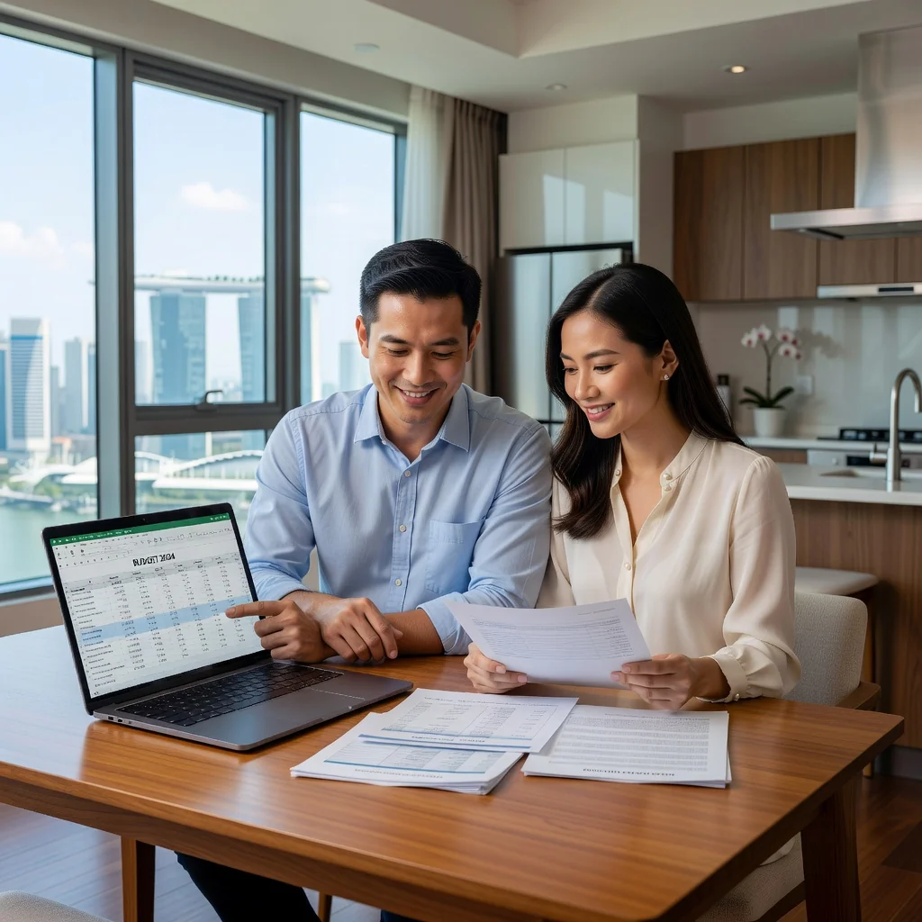A photorealistic image of a young couple in their 30s sitting together at a modern kitchen table in a Singapore apartment, discussing finances with a laptop open showing charts, looking engaged and planning their future, no children present, warm lighting, realistic details.