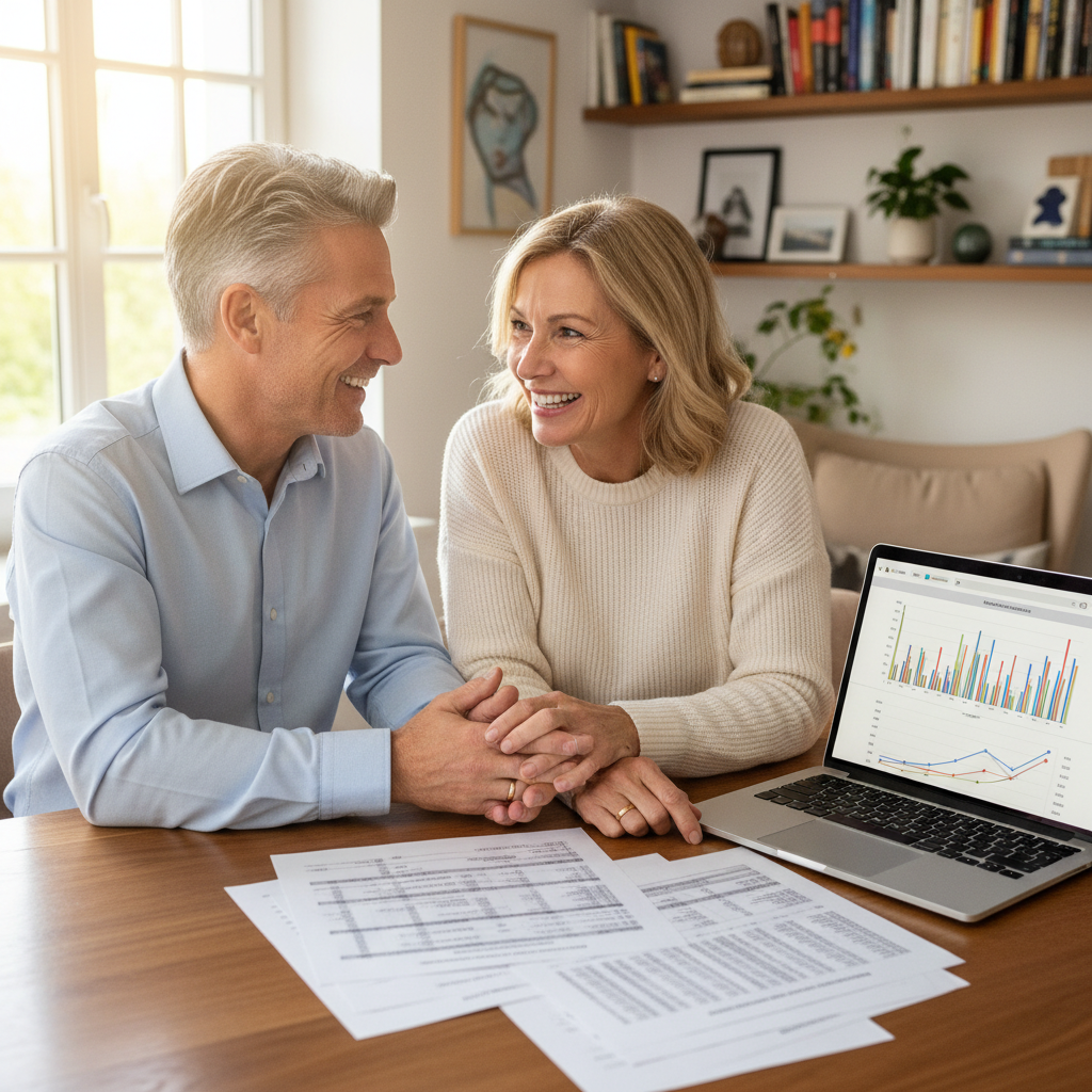 A photorealistic image of a happy middle-aged German couple sitting together at a wooden table in a cozy home office, reviewing financial documents and a laptop showing property plans, symbolizing the planning and security aspects of a marriage contract in Germany, no children present.