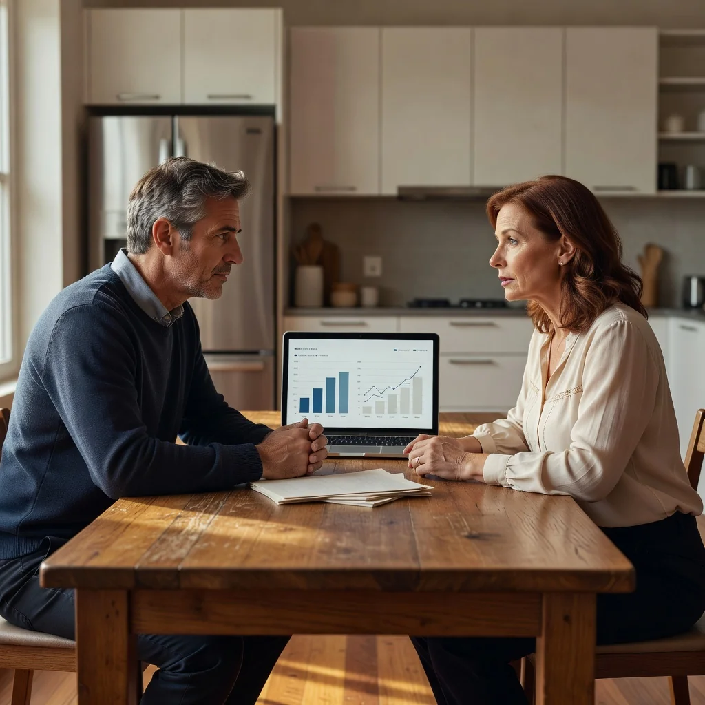 A photorealistic image depicting a mature couple in their 30s or 40s sitting at a kitchen table in a modern home, calmly discussing finances with a laptop and some financial documents visible but not the focus. They appear thoughtful and amicable, symbolizing the pros and cons of a separation of property agreement in marriage. No children are present in the image.