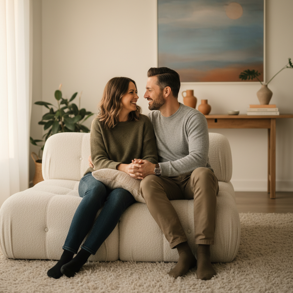 A photorealistic image of a happy adult couple in their 30s, sitting closely together on a cozy couch in a modern living room, holding hands and smiling warmly at each other, symbolizing trust, commitment, and the benefits of planning their future together through a marriage contract, with soft natural light filtering through a window, no children present.