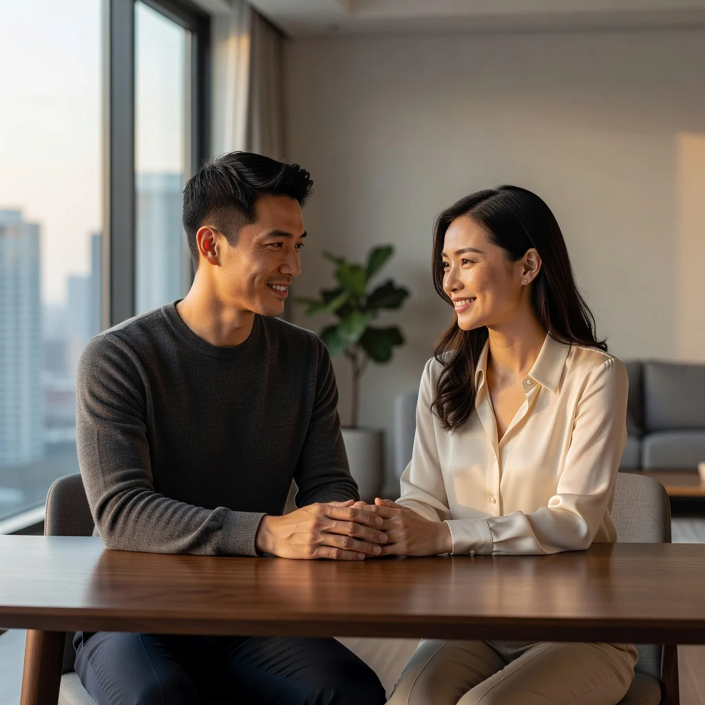 A photorealistic image of a young Chinese couple in their 20s or 30s, sitting together at a modern dining table in a cozy apartment, discussing their future with warm smiles and holding hands, symbolizing trust and partnership in marriage planning, soft natural light from a window, no children present.
