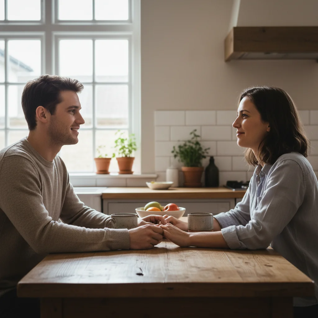 A photorealistic image of a young adult couple in their 30s sitting together at a wooden kitchen table in a modern UK home, holding hands and looking at each other with trust and affection, symbolizing commitment and partnership in marriage, soft natural light from a window, no children or legal documents visible.