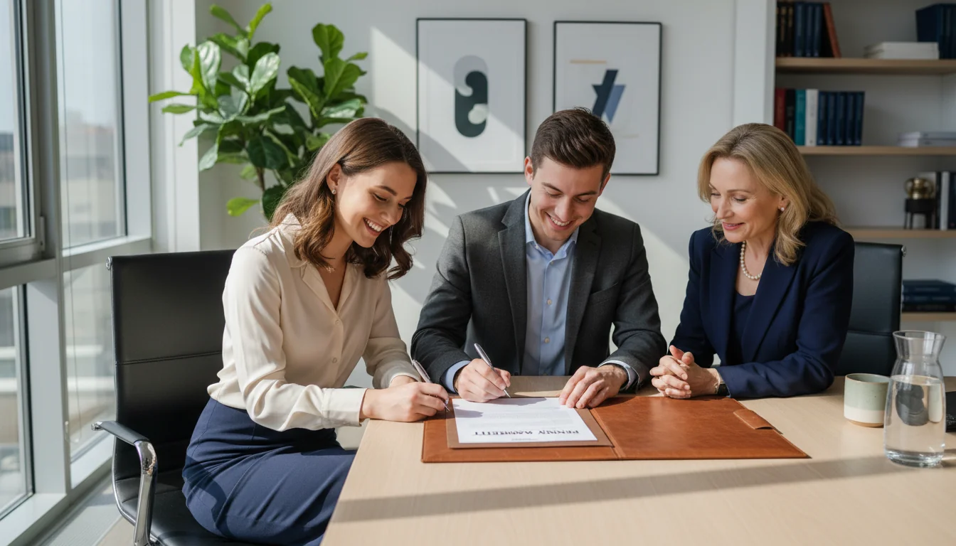 Engaged couple signing prenup agreement