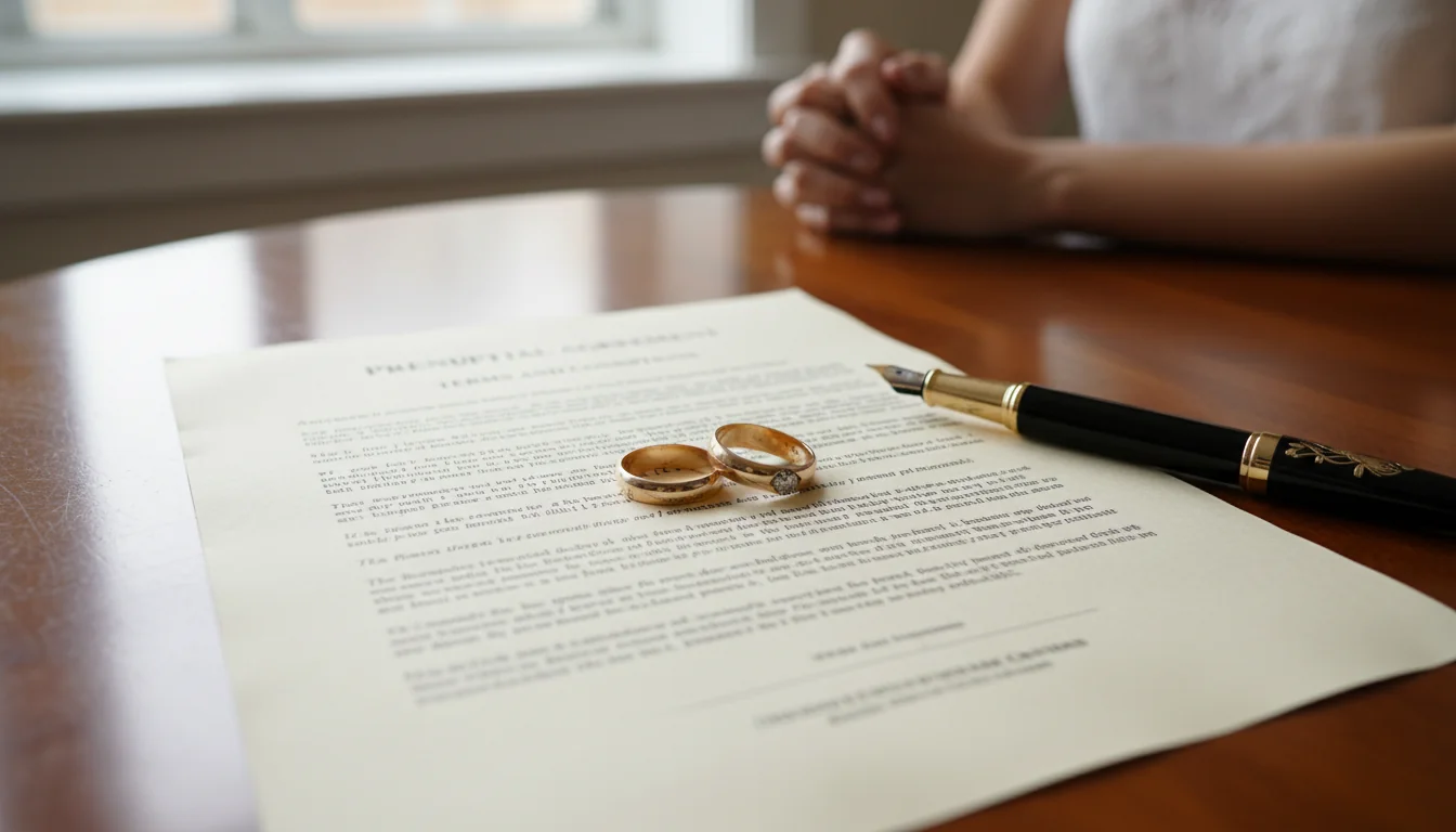 Prenup document with wedding rings