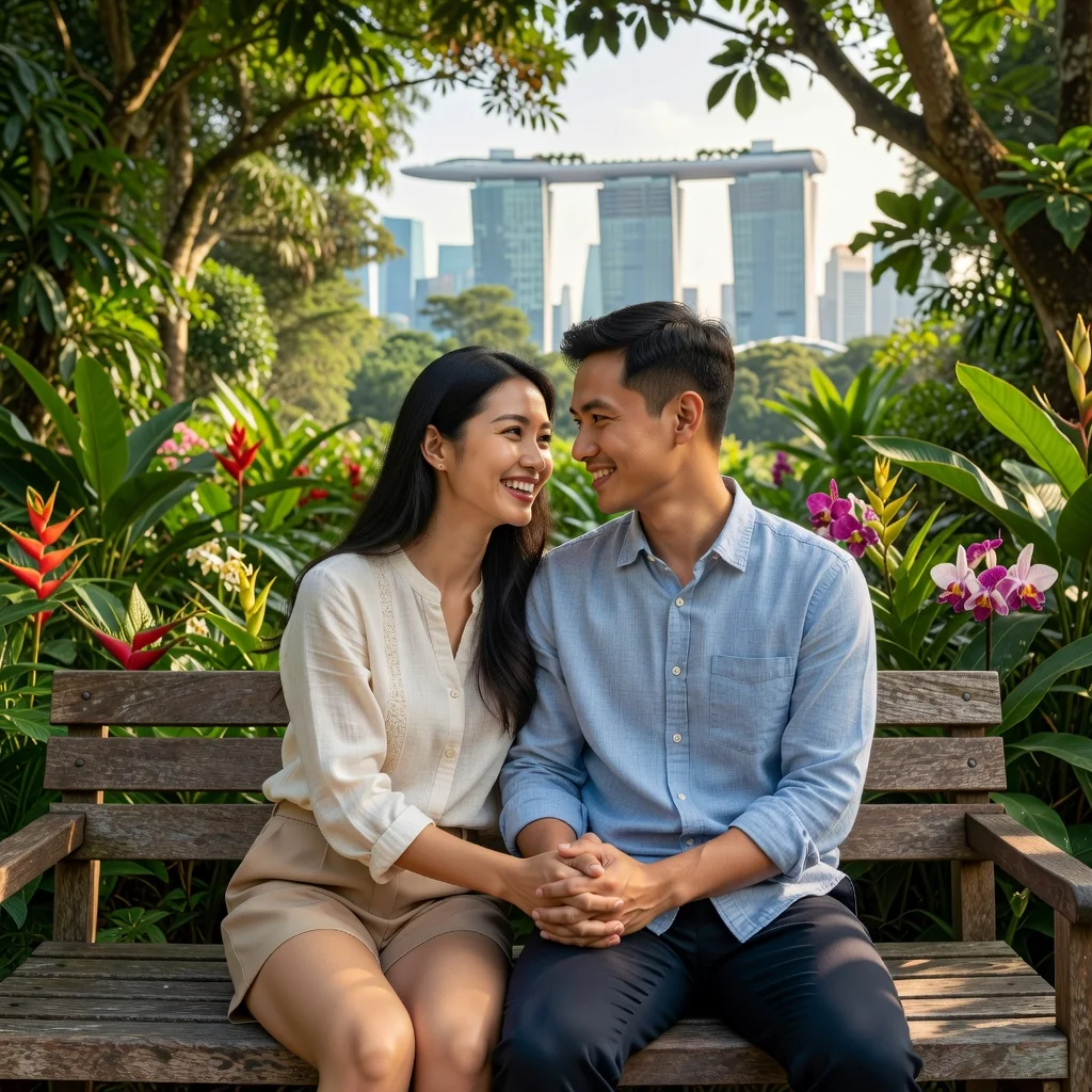 A photorealistic image of a happy young Singaporean couple in their mid-30s, dressed in modern casual attire, sitting closely together on a bench in a lush urban park in Singapore, such as Gardens by the Bay, with the city skyline in the background. They are smiling and holding hands, symbolizing trust and commitment in marriage, representing the purpose of prenuptial agreements without showing any legal documents or children.