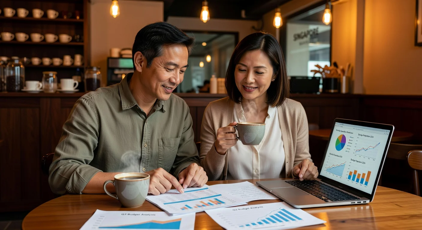 Happy couple discussing finances over coffee