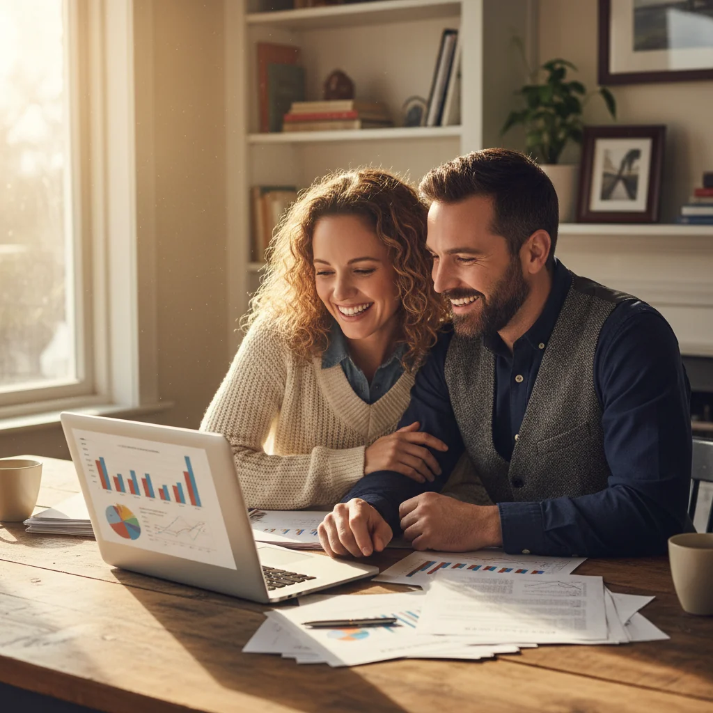A photorealistic image of a happy adult couple in their 30s, sitting together at a wooden table in a cozy home office, smiling while reviewing financial documents and a laptop, symbolizing the planning and agreement aspect of marriage settlements, no children present, warm lighting, realistic details.