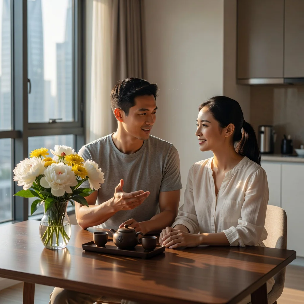 A photorealistic image of a young Chinese couple in their early 30s, sitting together at a modern kitchen table in a contemporary apartment, engaged in a serious yet affectionate conversation about their future. They are looking at each other with trust and understanding, one holding a cup of tea, symbolizing the planning and commitment of a prenuptial agreement without showing any legal documents. The setting is warm and inviting, with soft natural light from a window, emphasizing marital harmony and preparation for marriage. No children are present in the image.
