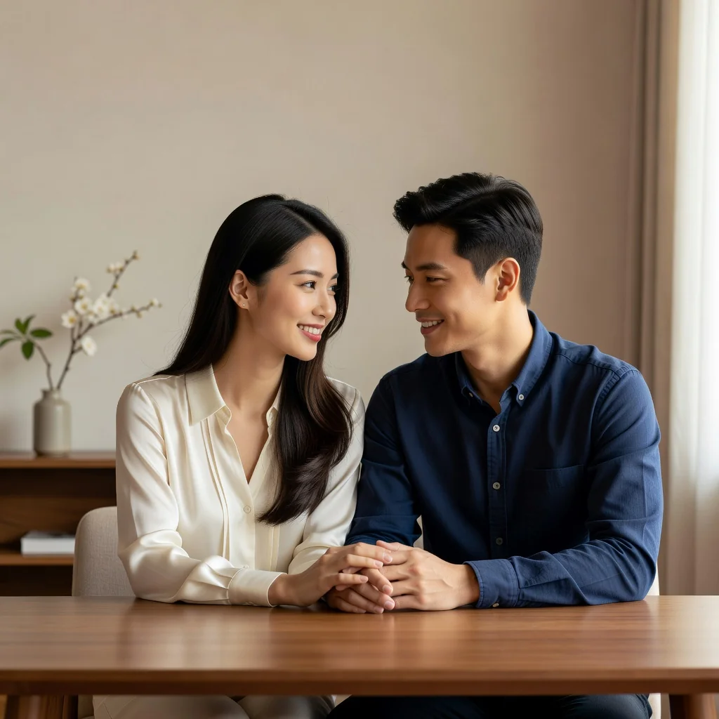 A photorealistic image of a young Chinese couple in their 20s or 30s, sitting together at a modern wooden table in a cozy living room with soft natural light coming through a window. They are smiling warmly at each other, holding hands affectionately, symbolizing love, trust, and partnership in marriage. The woman has long dark hair and wears a simple elegant blouse, the man has short hair and a casual shirt. No children or any other people are present. The background shows subtle Chinese cultural elements like a vase with flowers, but no text or documents are visible. The overall mood is romantic and positive, representing the purpose of a prenuptial agreement in protecting future marital assets.