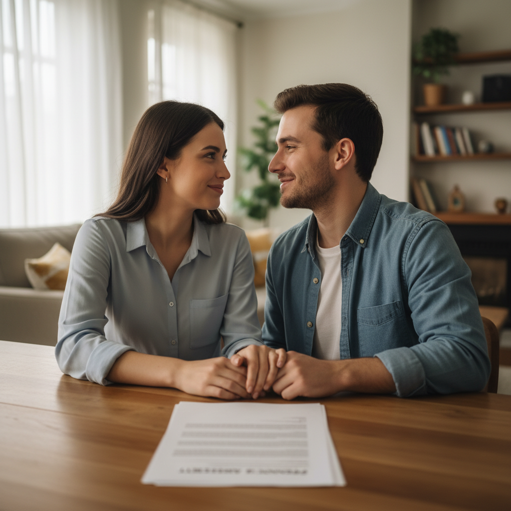 A photorealistic image of a happy engaged couple sitting together at a table in a cozy home setting, reviewing a prenuptial agreement document with subtle focus on their loving relationship and future planning, no children present.