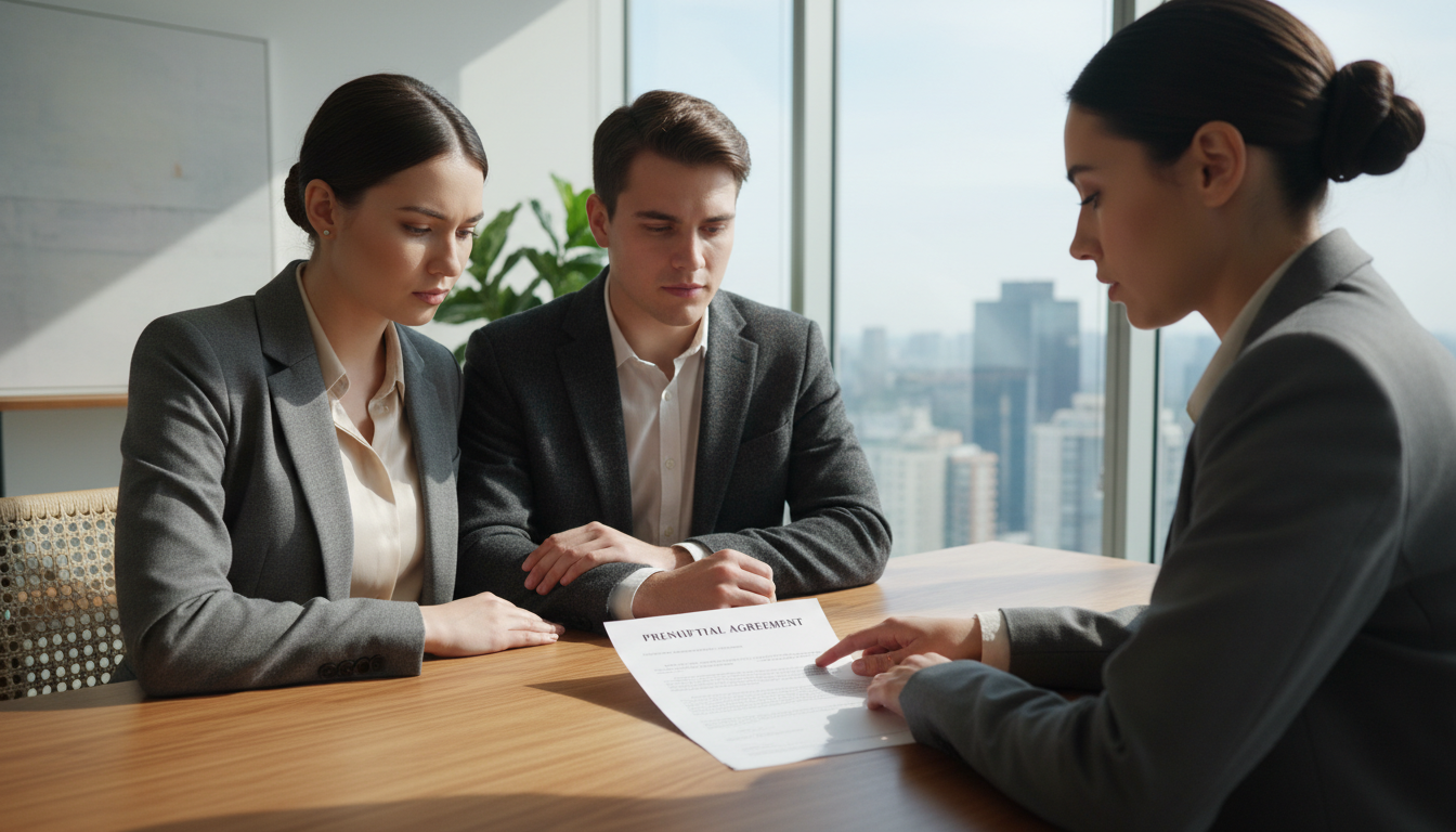 Couple discussing prenup with lawyer