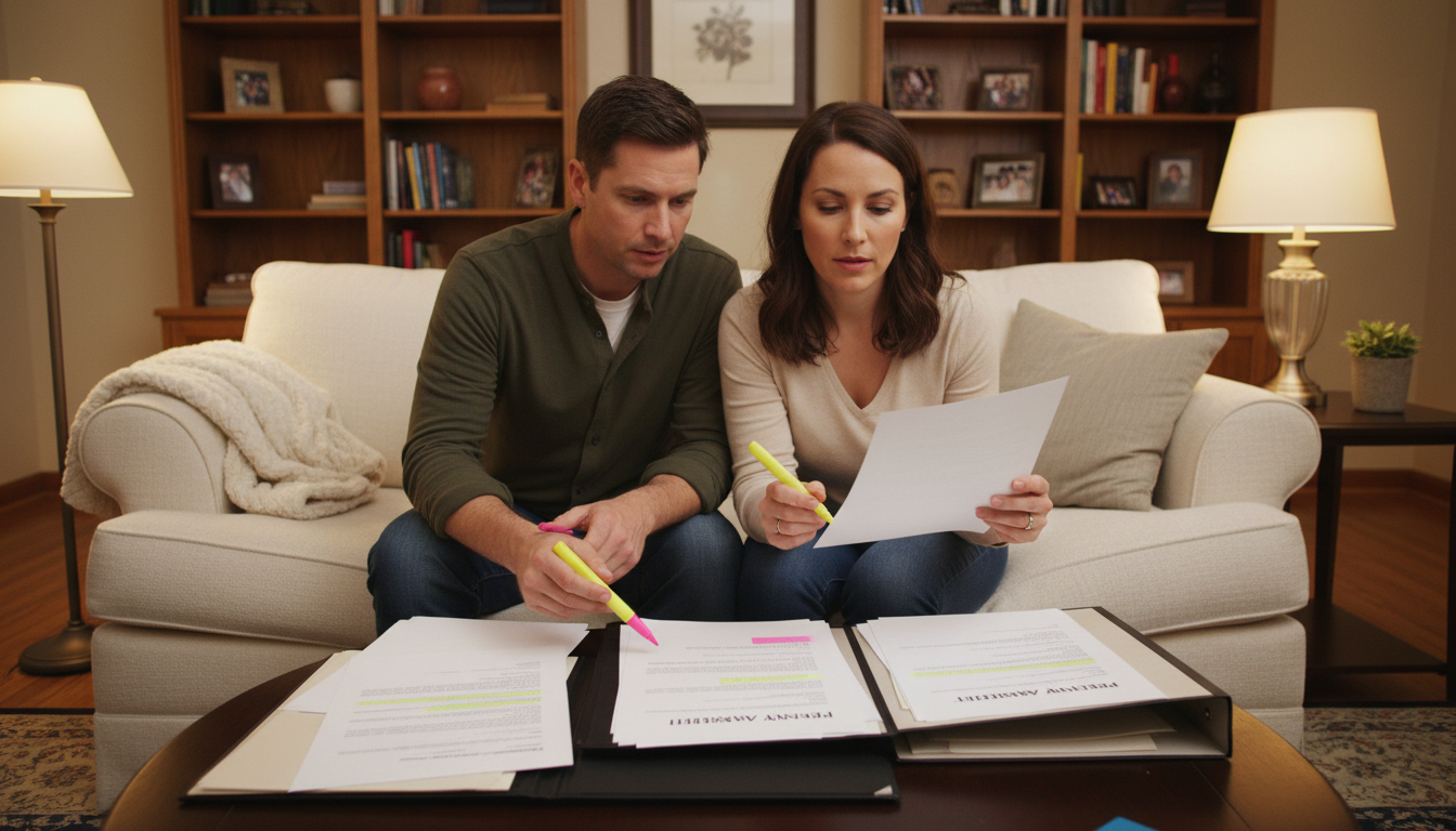 Couple reviewing prenup clauses