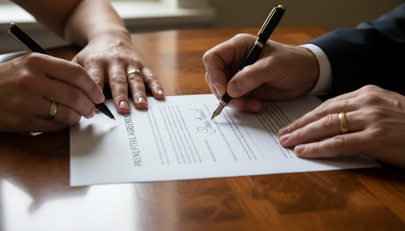 Hands signing prenuptial agreement