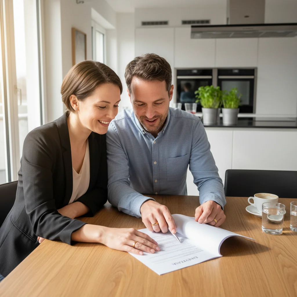 A photorealistic image of a happy adult couple in their 30s sitting together at a wooden table in a cozy modern kitchen, reviewing a marriage contract document with wedding rings visible on their fingers, symbolizing their marital agreement and commitment, no children present.
