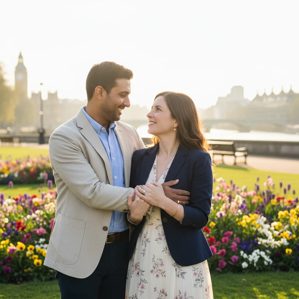 A photorealistic image of a happy engaged couple in their mid-30s, standing together in a modern UK city park, holding hands and smiling at each other, symbolizing commitment and planning for their future marriage. The background features subtle British landmarks like a red telephone booth or Big Ben in the distance. No children are present in the image. The style is highly detailed and realistic, like a professional photograph.
