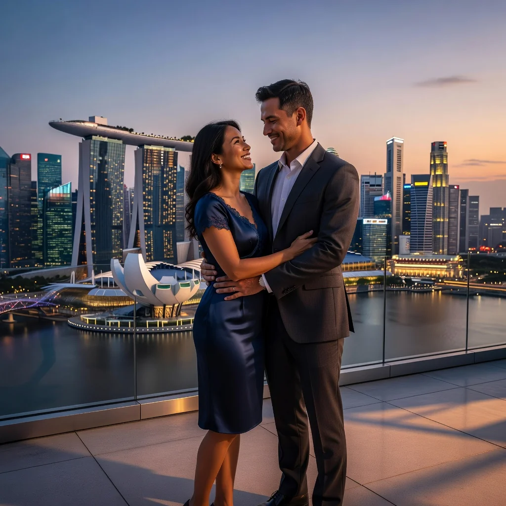 A photorealistic image of a happy engaged couple in their mid-30s, standing affectionately in a modern Singapore cityscape with iconic elements like the Marina Bay Sands in the background, symbolizing commitment and planning for a shared future, no children present.