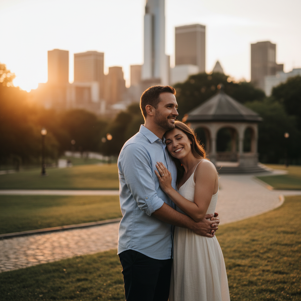 A photorealistic image of a happy engaged couple in their mid-30s, standing close together in a modern urban park during golden hour, exchanging loving glances while holding hands, symbolizing commitment and partnership before marriage, with no children or legal documents visible.