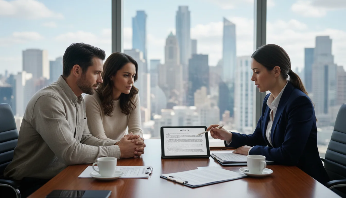 Engaged couple consulting attorney privately