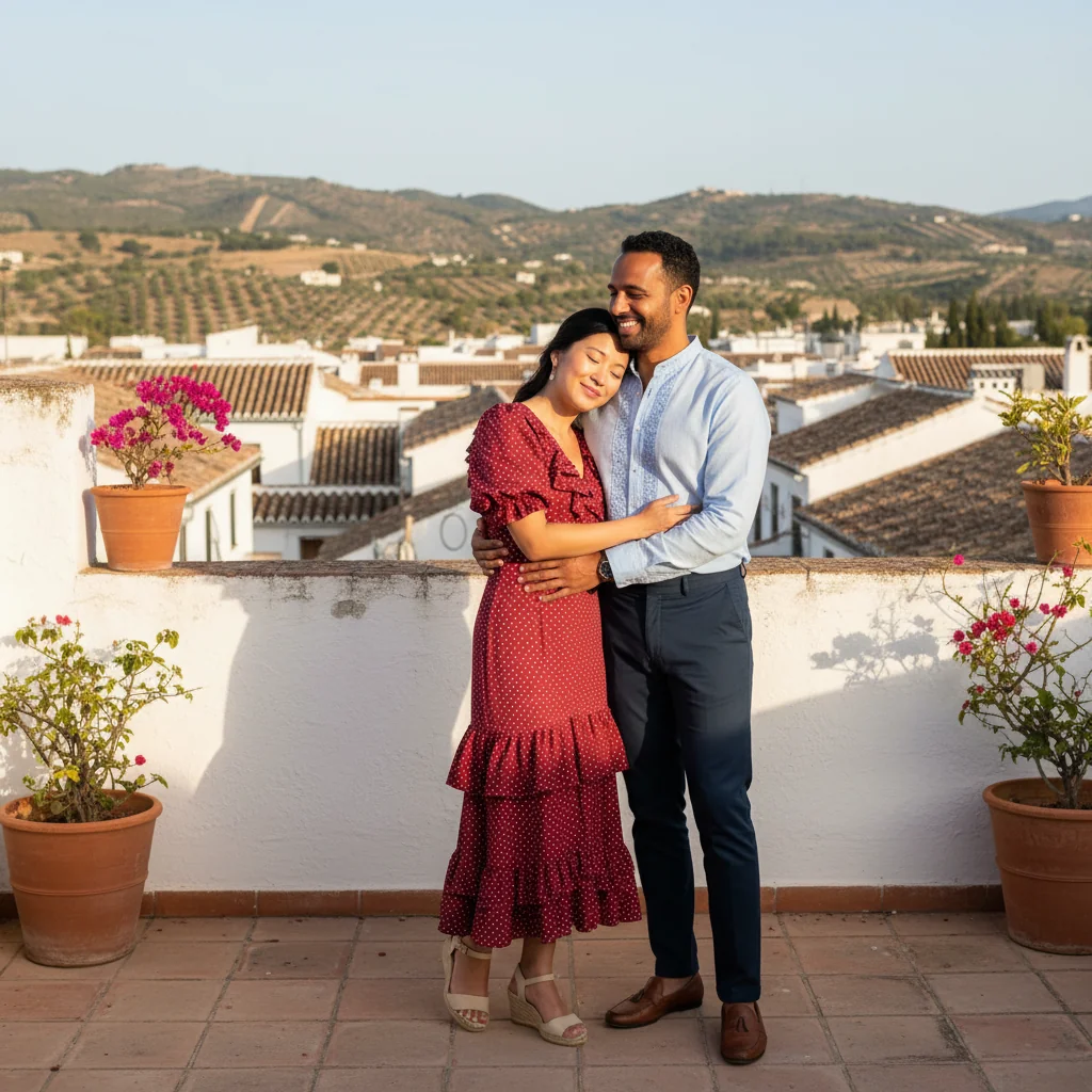 A photorealistic image of a happy Spanish couple in their mid-30s, standing arm-in-arm in a sunlit garden overlooking a historic Spanish cityscape, symbolizing marital commitment and partnership through prenuptial agreements, with elegant wedding rings visible on their hands, conveying trust and future planning.