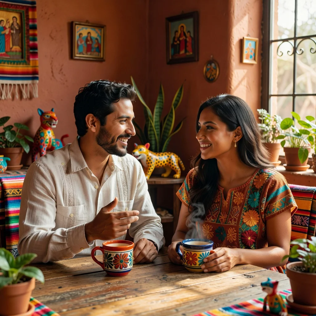 A photorealistic image of a loving Mexican couple in their 30s, sitting together at a wooden table in a sunlit home office, discussing their future with warm smiles, symbolizing commitment and planning ahead for marriage, with subtle Mexican cultural elements like pottery in the background. No children present.