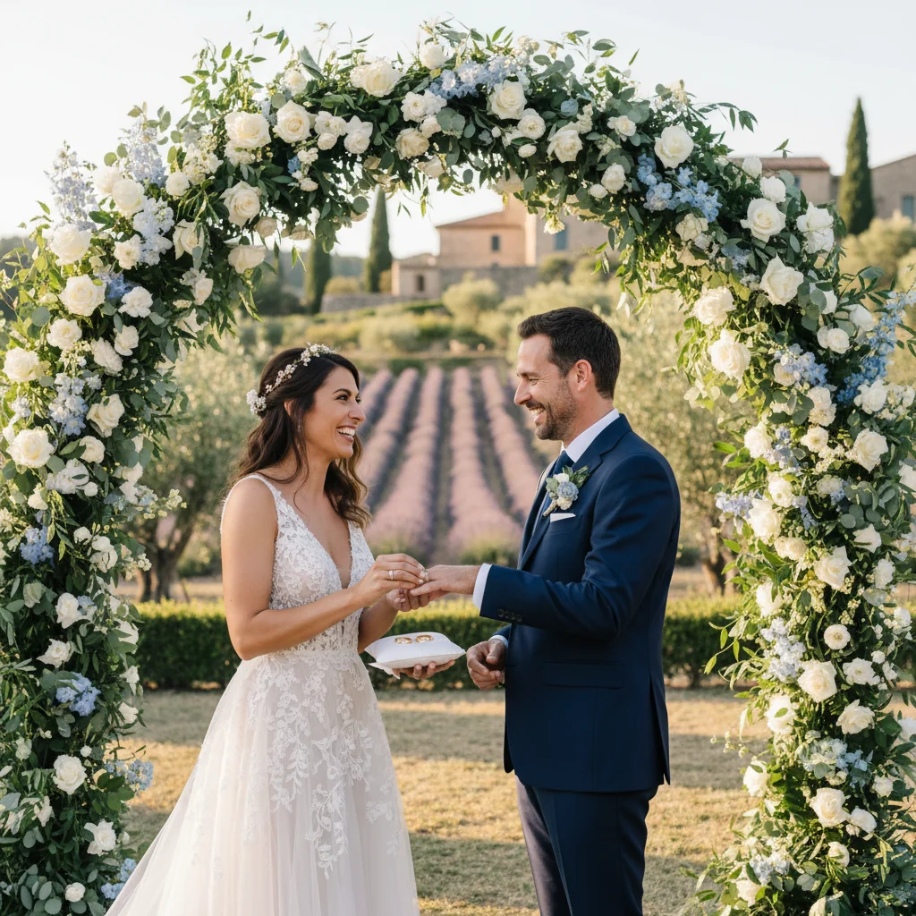 A photorealistic image of a joyful adult couple exchanging wedding rings during a romantic ceremony in a picturesque French garden, symbolizing marital commitment and the purpose of a marriage contract in France, with no children present.