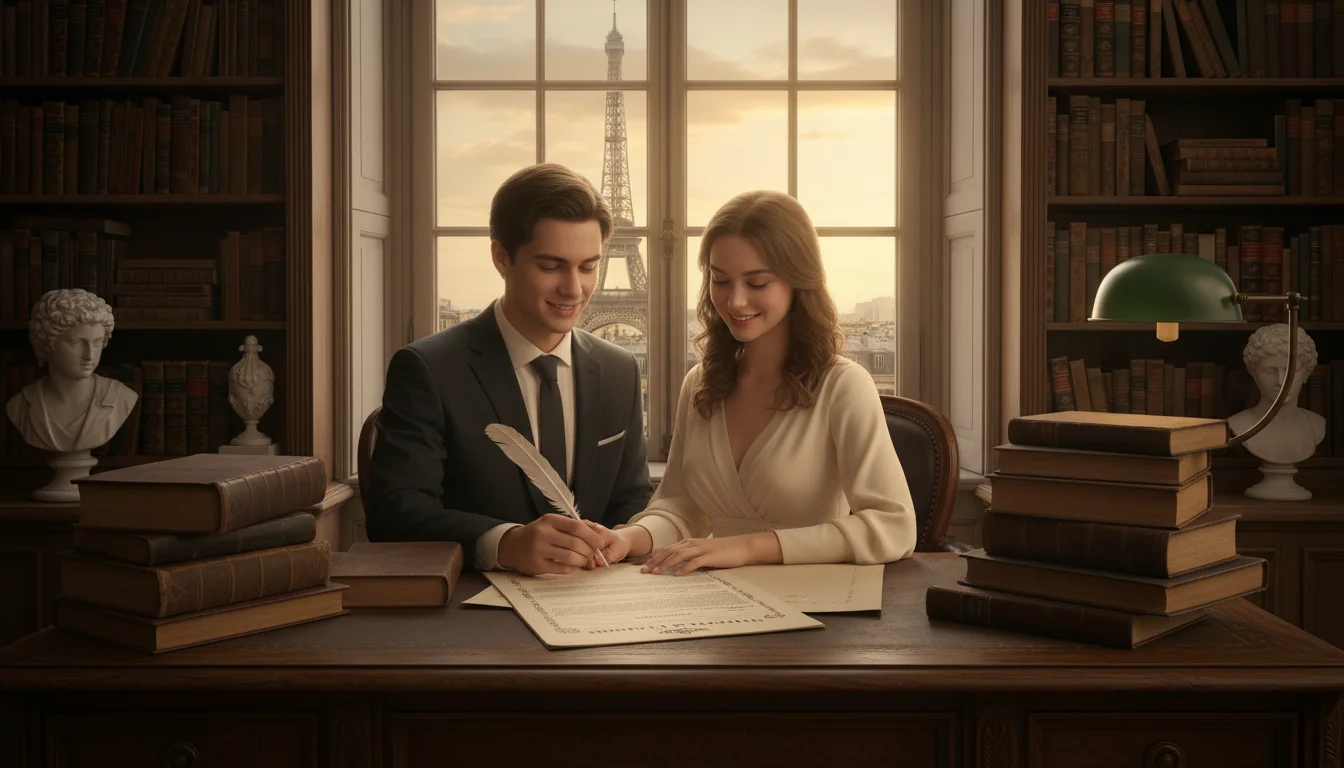 Couple signing marriage contract in France