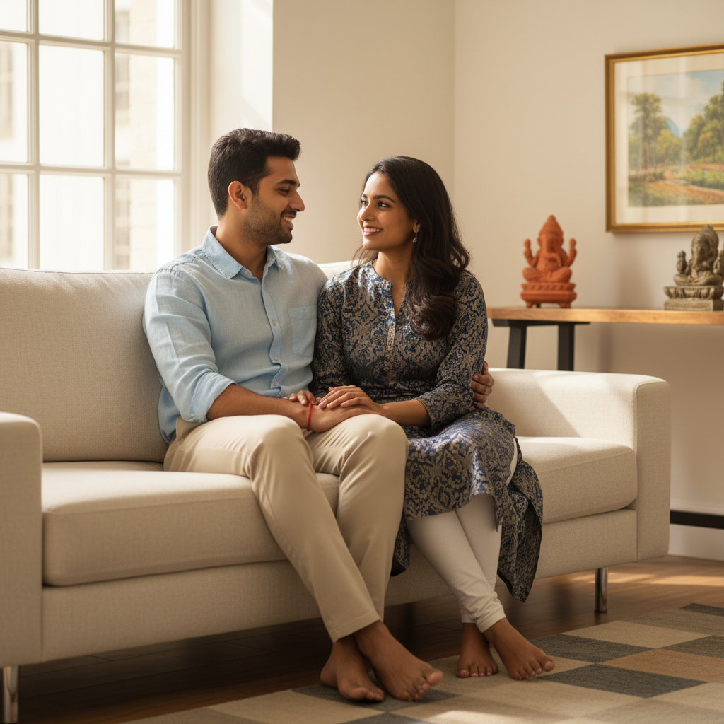 A photorealistic image of a happy Indian couple in their mid-20s to 30s, dressed in modern semi-formal attire, sitting together on a comfortable sofa in a cozy living room, looking at each other with trust and affection, symbolizing the commitment and planning involved in a pre-marital agreement, with warm natural lighting and no children or legal documents visible.