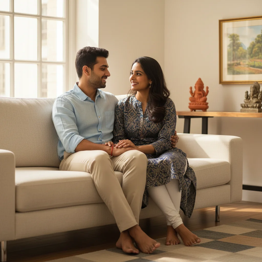 A photorealistic image of a happy Indian couple in their mid-20s to 30s, dressed in modern semi-formal attire, sitting together on a comfortable sofa in a cozy living room, looking at each other with trust and affection, symbolizing the commitment and planning involved in a pre-marital agreement, with warm natural lighting and no children or legal documents visible.