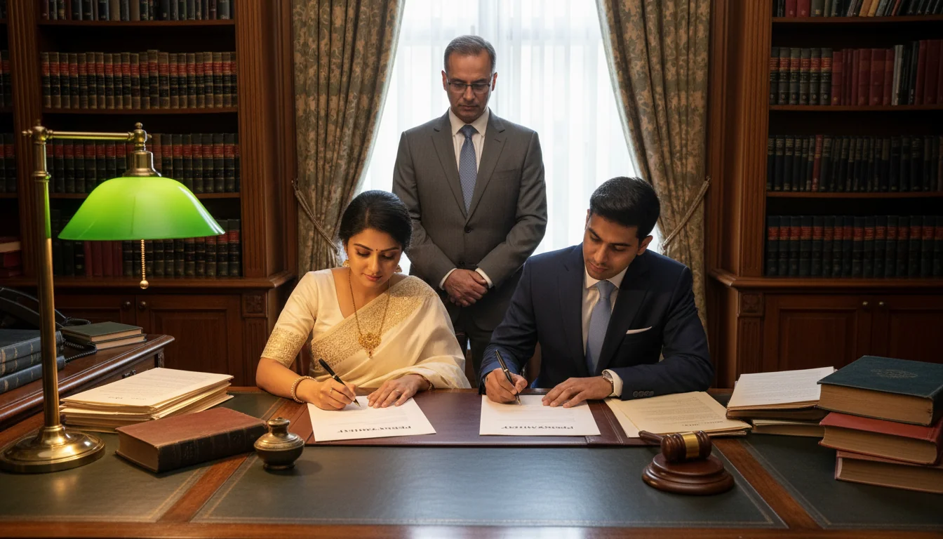 Couple signing prenup agreement